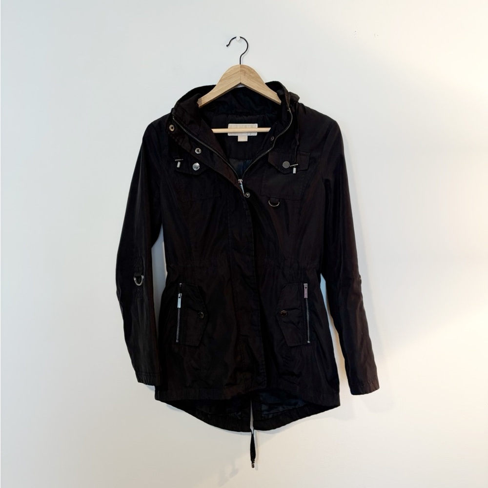 Michael Kors Black Zip Up Hooded Rain Utility Jacket